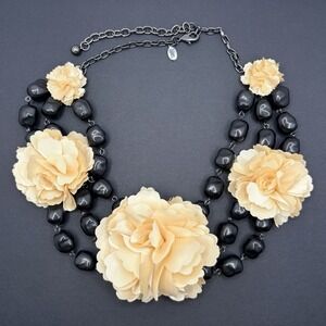 Vintage Joan Rivers Triple Strand Fluffy Floral Black Beads Flowers Necklace